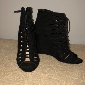 black lace up wedges